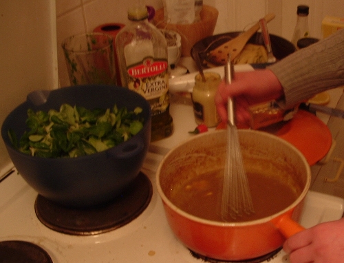 Preparing the gravy and the salad