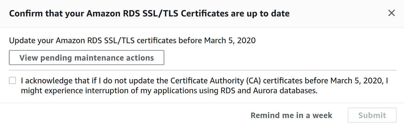 Amazon RDS SSL certificate notification